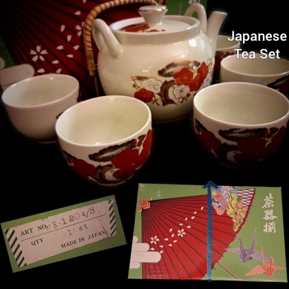 VINTAGE: Japanese Tea Set / Cherry Blossoms Red Orange / Gold / Green Design NIB